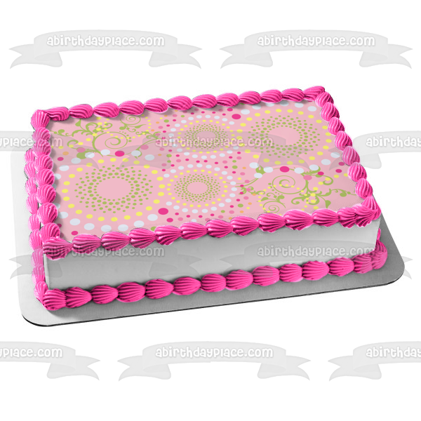 Adorno comestible para tarta con flores de lunares, enredaderas verdes en espiral, fondo rosa, imagen ABPID13097 