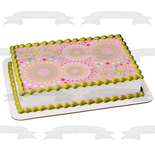 Adorno comestible para tarta con flores de lunares, enredaderas verdes en espiral, fondo rosa, imagen ABPID13097 