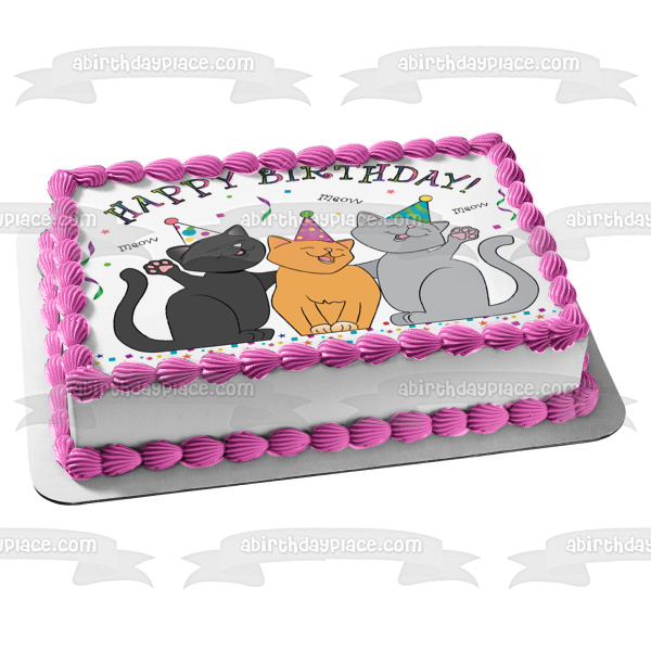 Feliz cumpleaños, gatos, maullido, sombreros de fiesta, serpentinas, decoración comestible para tarta, imagen ABPID13214 