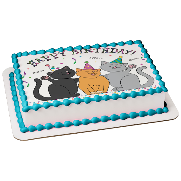 Feliz cumpleaños, gatos, maullido, sombreros de fiesta, serpentinas, decoración comestible para tarta, imagen ABPID13214 