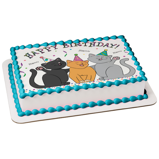 Feliz cumpleaños, gatos, maullido, sombreros de fiesta, serpentinas, decoración comestible para tarta, imagen ABPID13214 