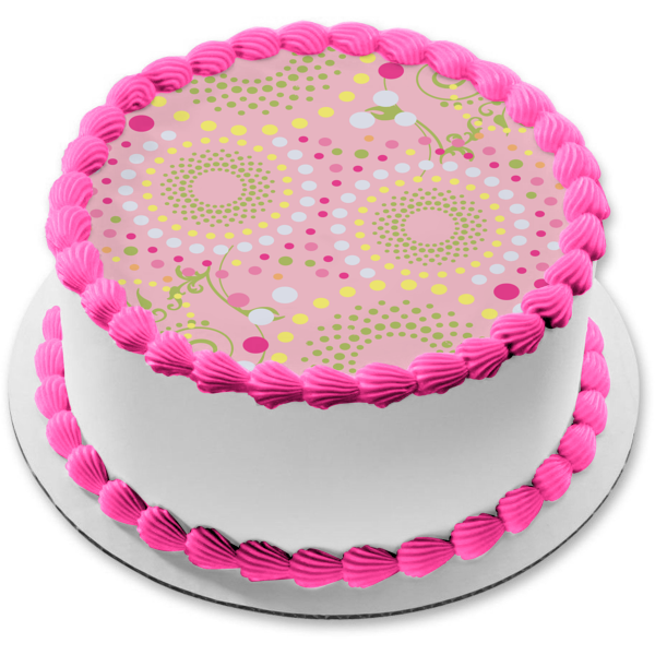 Adorno comestible para tarta con flores de lunares, enredaderas verdes en espiral, fondo rosa, imagen ABPID13097 