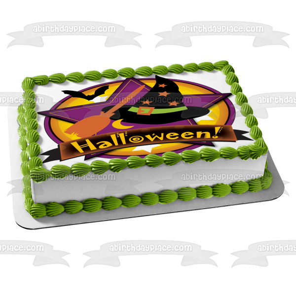 Feliz Halloween Sombrero de bruja Escoba Murciélagos Luna Estrellas Imagen comestible para pastel ABPID13226 