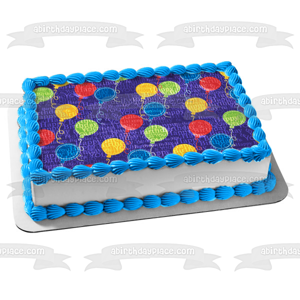 Feliz cumpleaños, globos amarillos, verdes, rojos y azules, fondo azul, adorno comestible para tarta, imagen ABPID13109 