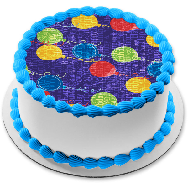 Feliz cumpleaños, globos amarillos, verdes, rojos y azules, fondo azul, adorno comestible para tarta, imagen ABPID13109 