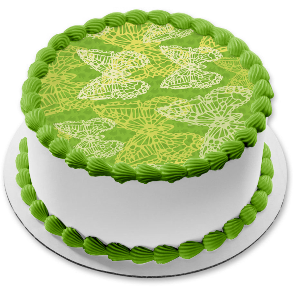 Imagen comestible para decoración de tarta con fondo verde y mariposas blancas y doradas ABPID13229 