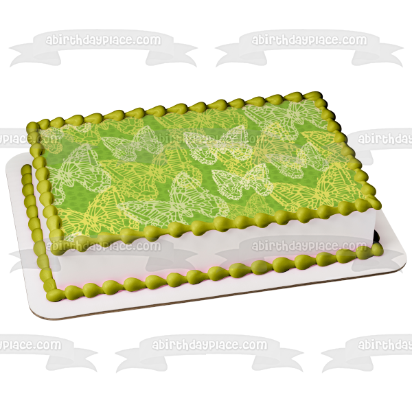 Imagen comestible para decoración de tarta con fondo verde y mariposas blancas y doradas ABPID13229 