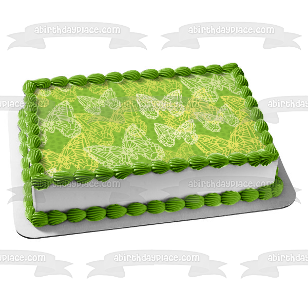 Imagen comestible para decoración de tarta con fondo verde y mariposas blancas y doradas ABPID13229 