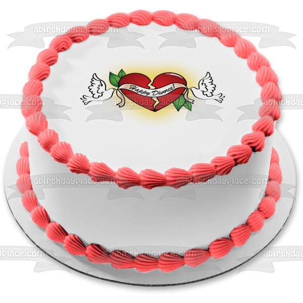 Pancarta de feliz divorcio con corazón roto, palomas blancas, decoración comestible para tarta, imagen ABPID13114 