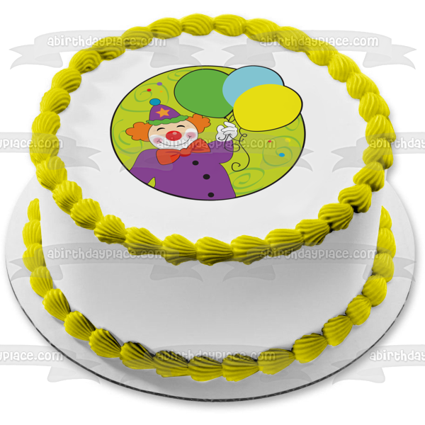 Cartoon Clown Happy Birthday Green Blue Yellow Balloons Edible Cake Topper Image ABPID13234