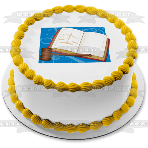 Imagen de adorno comestible para tarta con fondo azul y mazo de la Biblia del tribunal del juez ABPID13119 