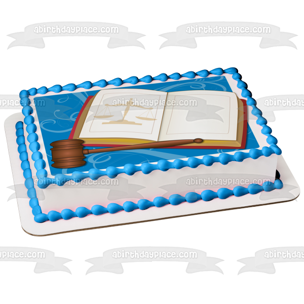 Imagen de adorno comestible para tarta con fondo azul y mazo de la Biblia del tribunal del juez ABPID13119 