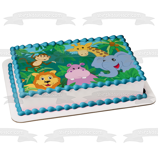 Decoración comestible para tarta con diseño de animales de la selva, mono, jirafa, león, hipopótamo, elefante, imagen ABPID13123 