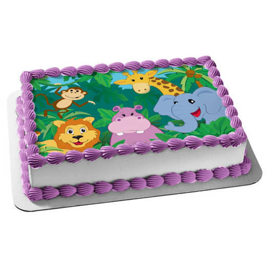 Jungle Cartoon Animals Monkey Giraffe Lion Hippopotamus Elephant Edible Cake Topper Image ABPID13123