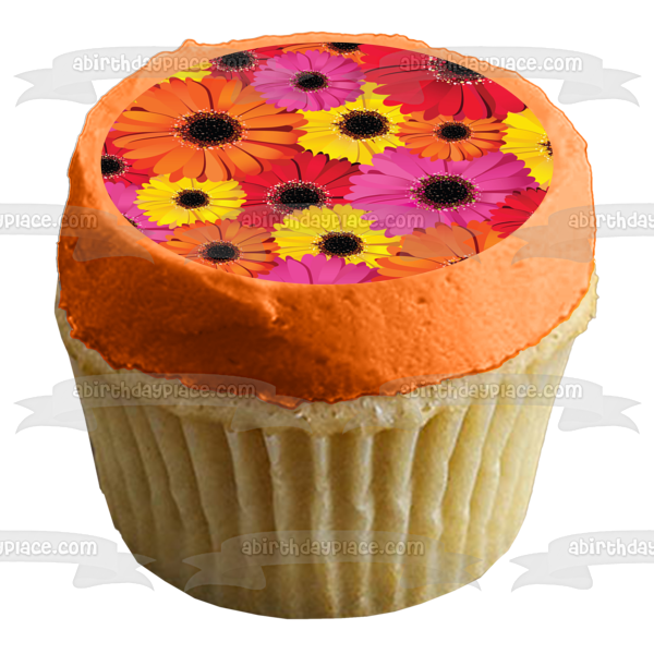 Flowers Red Pink Orange Yellow Sparkle Centers Edible Cake Topper Image ABPID13242