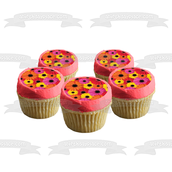 Flowers Red Pink Orange Yellow Sparkle Centers Edible Cake Topper Image ABPID13242