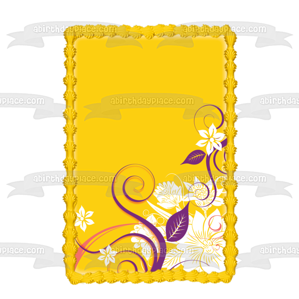 Flores blancas, patrón de hojas moradas, fondo amarillo, decoración comestible para tarta, imagen ABPID13243 