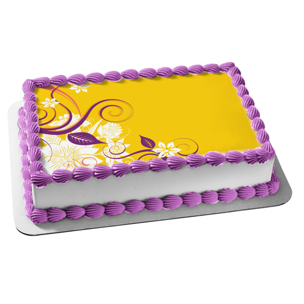 Flores blancas, patrón de hojas moradas, fondo amarillo, decoración comestible para tarta, imagen ABPID13243 