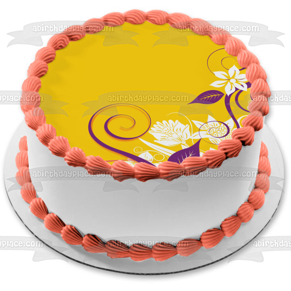 Flores blancas, patrón de hojas moradas, fondo amarillo, decoración comestible para tarta, imagen ABPID13243 