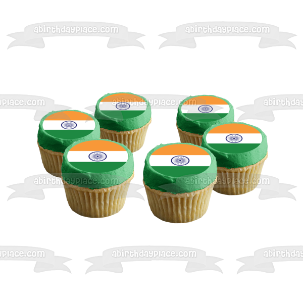 Bandera de la India Verde Blanco Naranja Azul Rayas Azul Ashoka Chakra Decoración comestible para tarta Imagen ABPID13245 