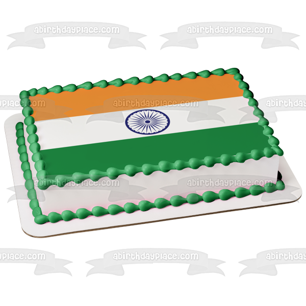 Bandera de la India Verde Blanco Naranja Azul Rayas Azul Ashoka Chakra Decoración comestible para tarta Imagen ABPID13245 