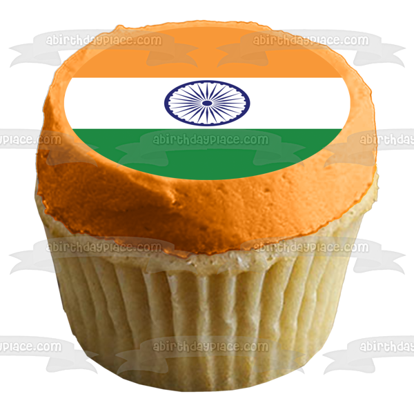 Bandera de la India Verde Blanco Naranja Azul Rayas Azul Ashoka Chakra Decoración comestible para tarta Imagen ABPID13245 