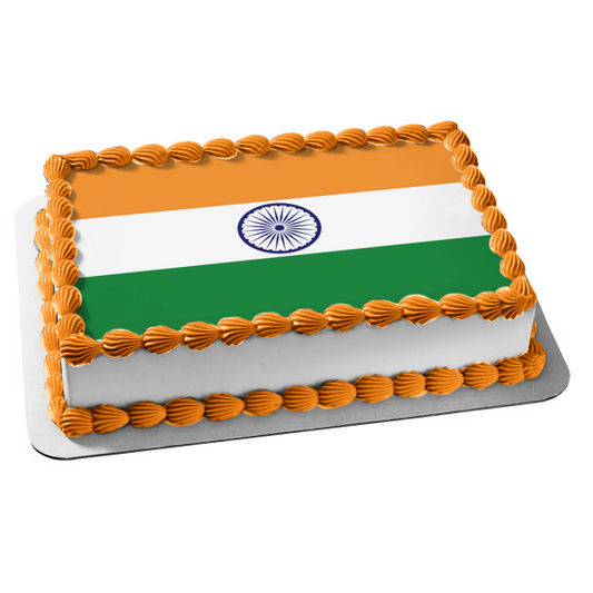 Bandera de la India Verde Blanco Naranja Azul Rayas Azul Ashoka Chakra Decoración comestible para tarta Imagen ABPID13245 