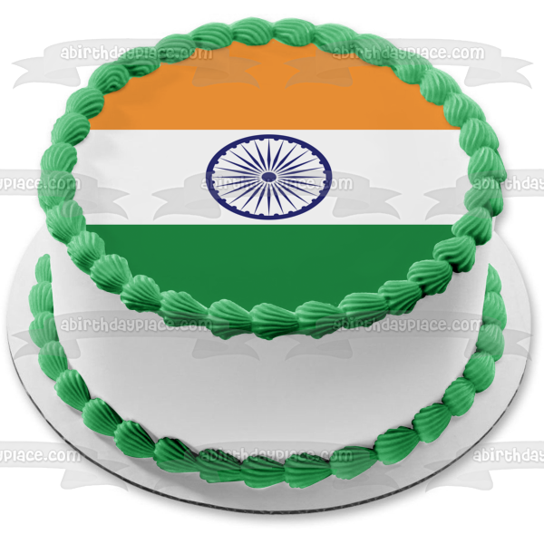 Bandera de la India Verde Blanco Naranja Azul Rayas Azul Ashoka Chakra Decoración comestible para tarta Imagen ABPID13245 