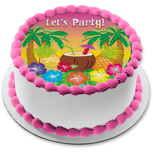 Let's Party Hawaiian Luau Palmeras Coco Piña Flores Decoración comestible para tarta Imagen ABPID13247 