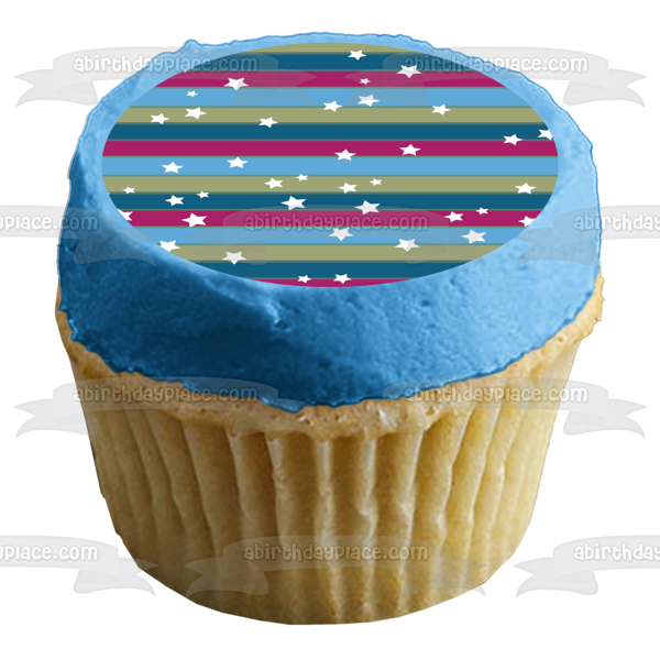 Adorno comestible para tarta con diseño de rayas, color azul, morado, gris, estrellas blancas, imagen ABPID13248 