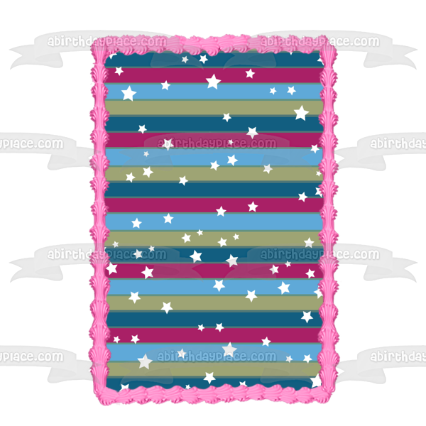 Adorno comestible para tarta con diseño de rayas, color azul, morado, gris, estrellas blancas, imagen ABPID13248 