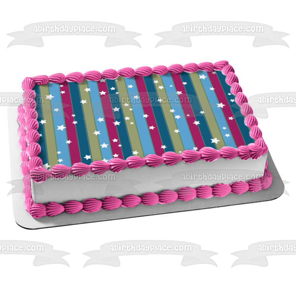 Adorno comestible para tarta con diseño de rayas, color azul, morado, gris, estrellas blancas, imagen ABPID13248 