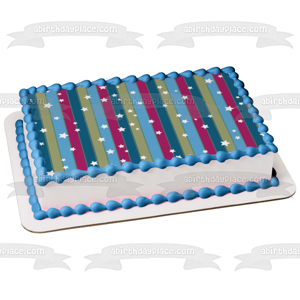 Adorno comestible para tarta con diseño de rayas, color azul, morado, gris, estrellas blancas, imagen ABPID13248 