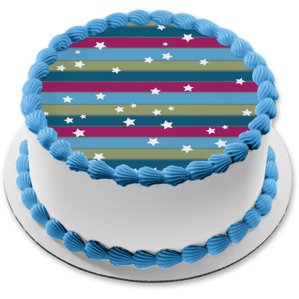 Adorno comestible para tarta con diseño de rayas, color azul, morado, gris, estrellas blancas, imagen ABPID13248 