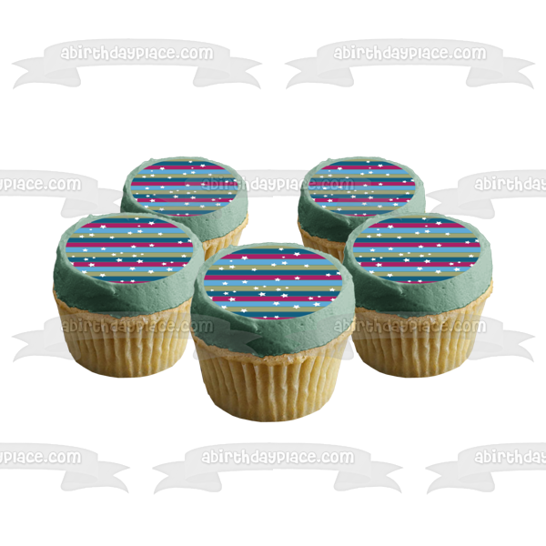 Adorno comestible para tarta con diseño de rayas, color azul, morado, gris, estrellas blancas, imagen ABPID13248 