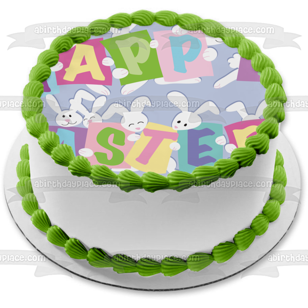 Feliz Pascua Conejitos Blancos Fondo Azul Adorno Comestible Para Pastel Imagen ABPID13132 