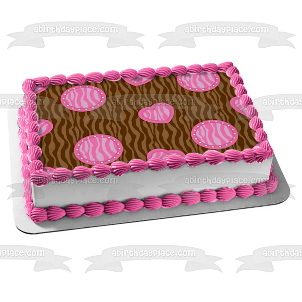 Patrón de cebra Marrón Rosa Circkes Corazones Adorno comestible para tarta Imagen ABPID13133 