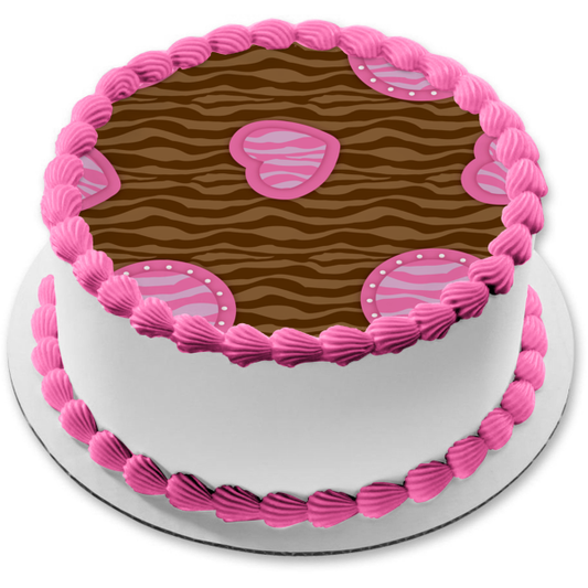 Zebra Pattern Brown Pink Circkes Hearts Edible Cake Topper Image ABPID13133