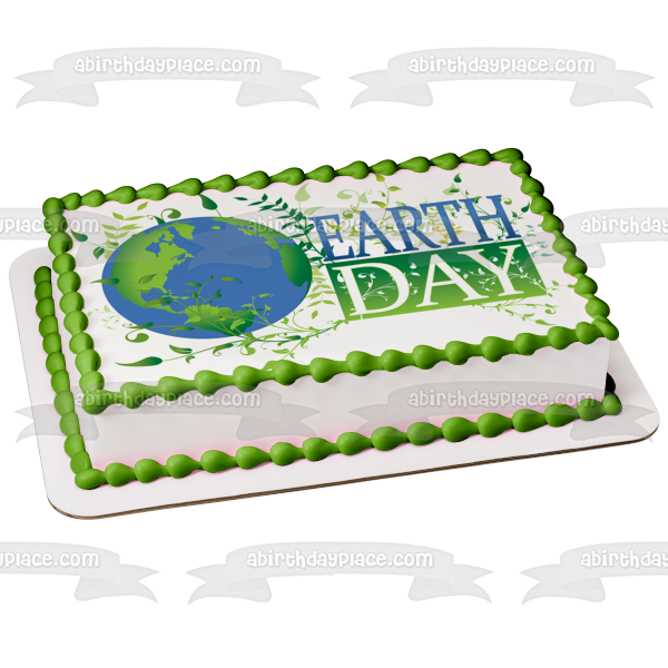 Earth Day Globe Green Leaves Edible Cake Topper Image ABPID13258