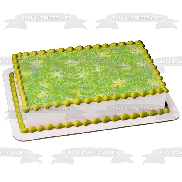 Blue and Yellow Flowers Blue Leaves Green Background Edible Cake Topper Image ABPID13268