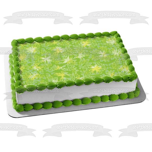 Blue and Yellow Flowers Blue Leaves Green Background Edible Cake Topper Image ABPID13268