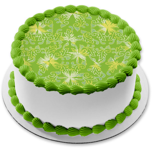 Blue and Yellow Flowers Blue Leaves Green Background Edible Cake Topper Image ABPID13268