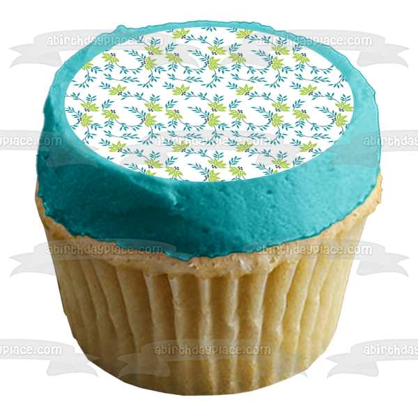 Adorno comestible para tarta con estampado de hojas verdes y azules, imagen ABPID13153 