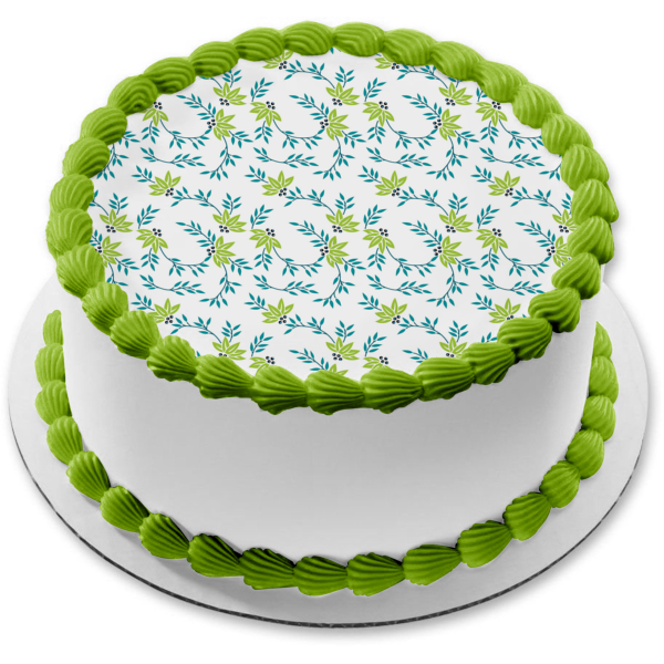 Adorno comestible para tarta con estampado de hojas verdes y azules, imagen ABPID13153 