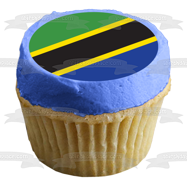 Decoración comestible para tarta con la bandera de Tanzania, color verde, amarillo, negro y azul, imagen ABPID13276 