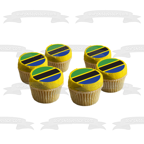 Decoración comestible para tarta con la bandera de Tanzania, color verde, amarillo, negro y azul, imagen ABPID13276 