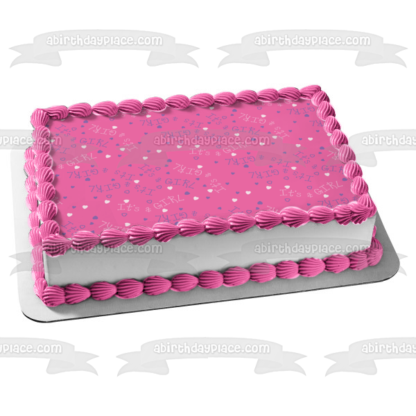 Es una niña Baby Shower Corazones Fondo rosa Adorno comestible para tarta Imagen ABPID13160 