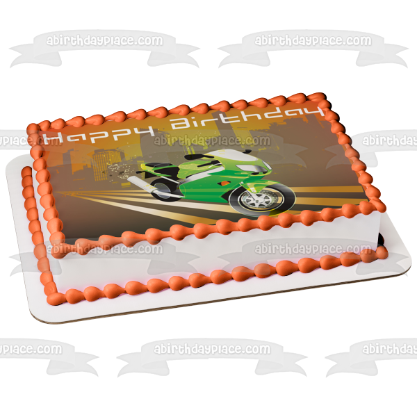 Decoración comestible para tarta con diseño de motocicleta verde de feliz cumpleaños, imagen ABPID13167 