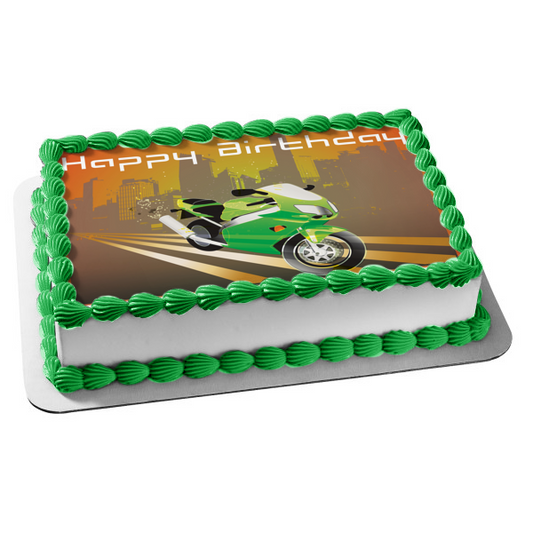 Decoración comestible para tarta con diseño de motocicleta verde de feliz cumpleaños, imagen ABPID13167 