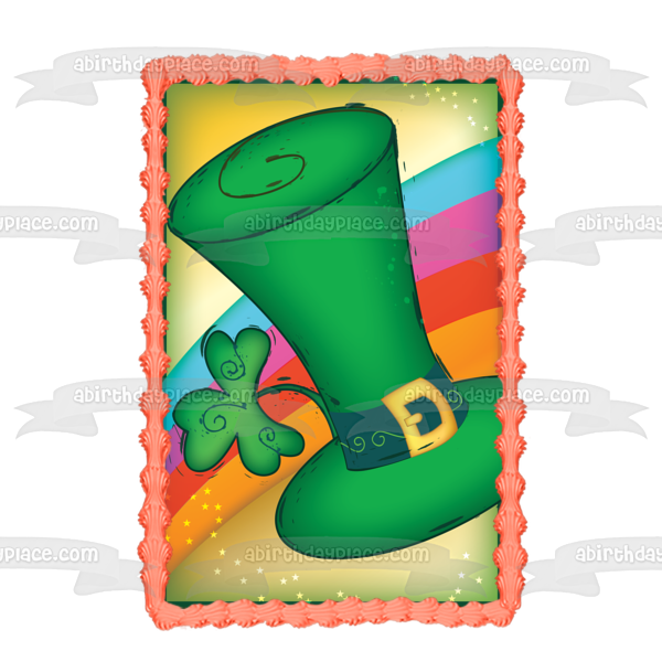 Feliz día de San Patricio Sombrero de duende Trébol de 4 hojas Arco iris Adorno comestible para tarta Imagen ABPID13286 